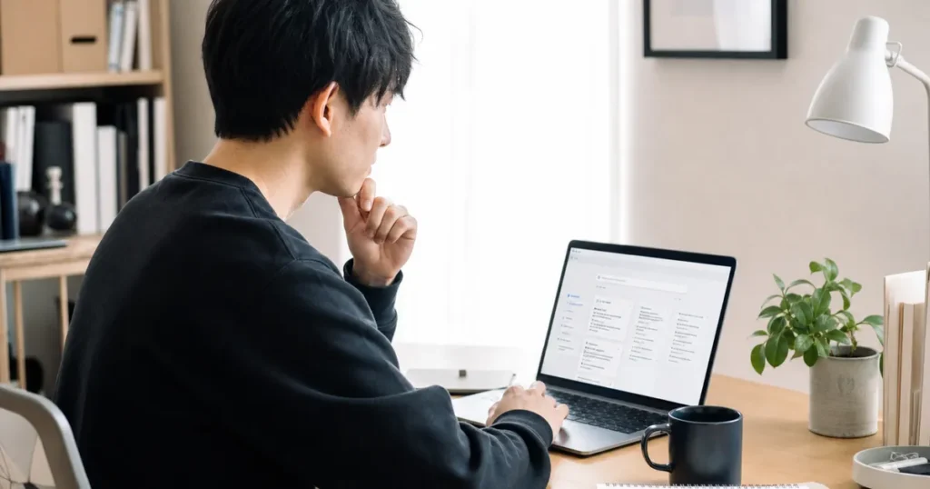 在宅でAI検索ツールを使ってリサーチする副業ワーカーのイメージ画像