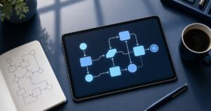 プロンプトエンジニアリングの学び方を解説するブログのアイキャッチ画像。デスク上のワークフロー図とノート。