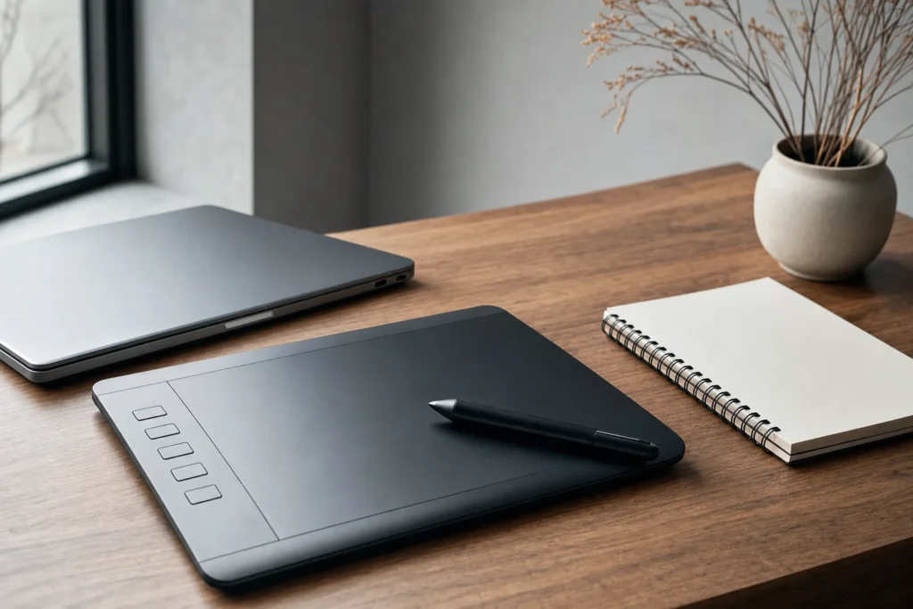 ペンタブレットとノートパソコンが置かれた制作用のデスク