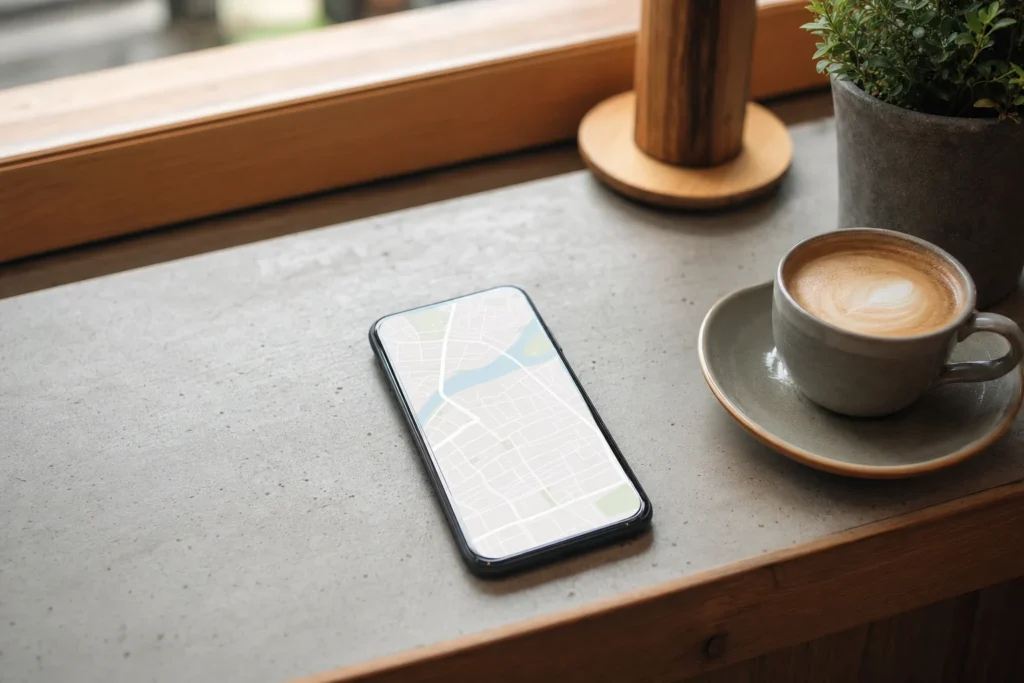 カフェのカウンターに置かれた、地図を表示したスマートフォン