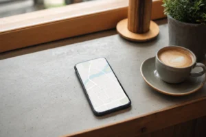 カフェのカウンターに置かれた、地図を表示したスマートフォン