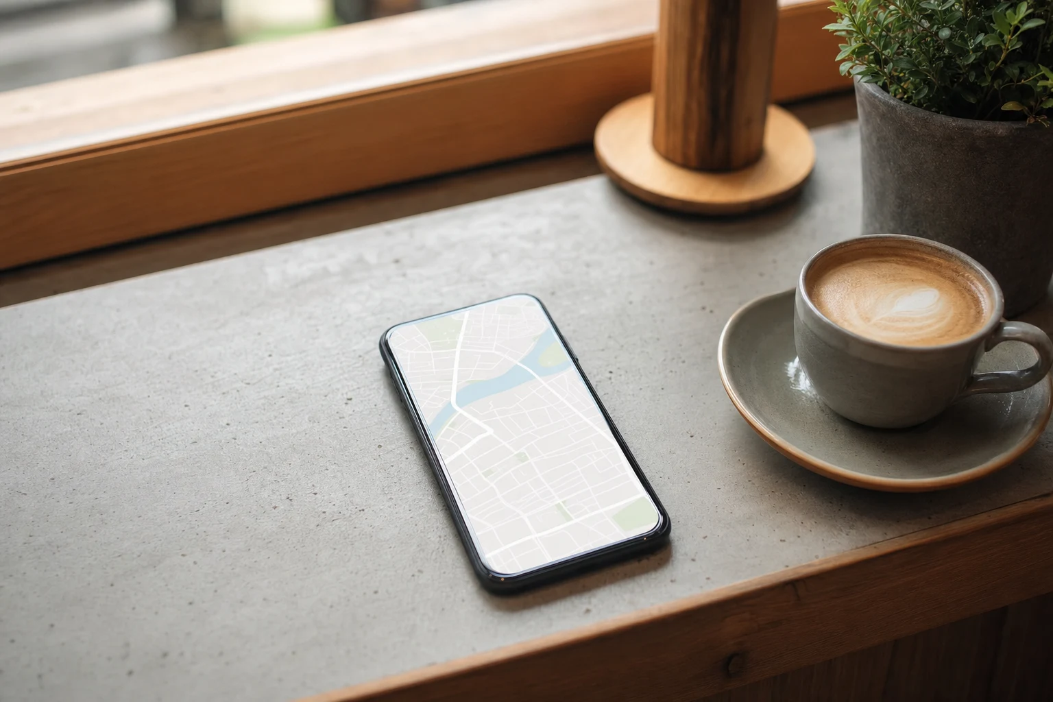 カフェのカウンターに置かれた、地図を表示したスマートフォン