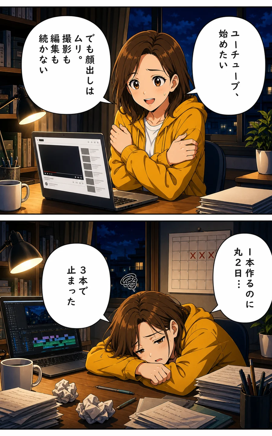 まんが 1ページ目: ユイ「ユーチューブ、始めたい」 ユイ「でも顔出しはムリ。撮影も編集も続かない」 ユイ「1本作るのに丸2日…」 ユイ「3本で止まった」