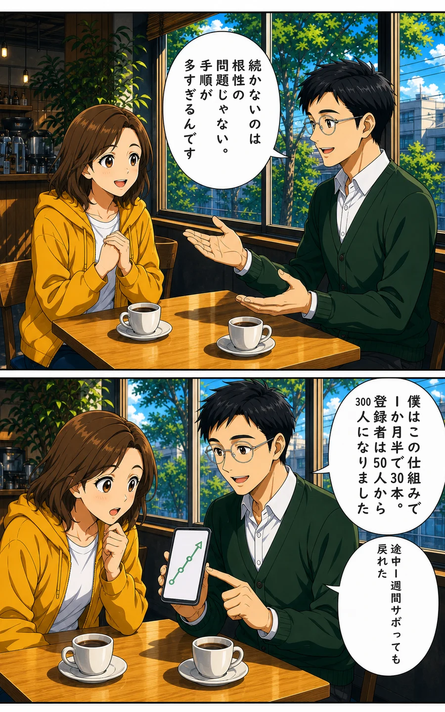 まんが 2ページ目: ナビ「続かないのは根性の問題じゃない。手順が多すぎるんです」 ナビ「僕はこの仕組みで1か月半で30本。登録者は50人から300人になりました」 ナビ「途中1週間サボっても戻れた」