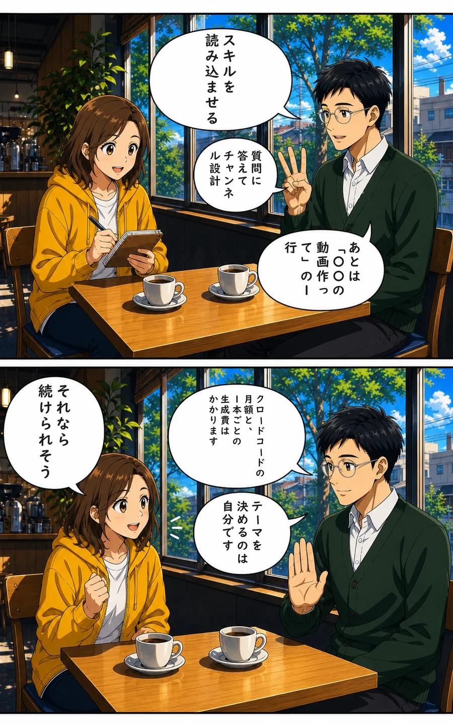 まんが 3ページ目: ナビ「スキルを読み込ませる」 ナビ「質問に答えてチャンネル設計」 ナビ「あとは「〇〇の動画作って」の1行」 ナビ「クロードコードの月額と、1本ごとの生成費はかかります」 ナビ「テーマを決めるのは自分です」 ユイ「それなら続けられそう」