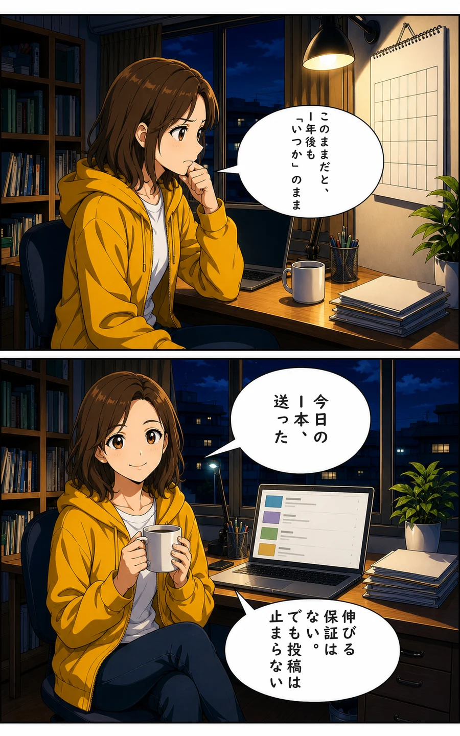 まんが 4ページ目: ユイ「このままだと、1年後も「いつか」のまま」 ユイ「今日の1本、送った」 ユイ「伸びる保証はない。でも投稿は止まらない」