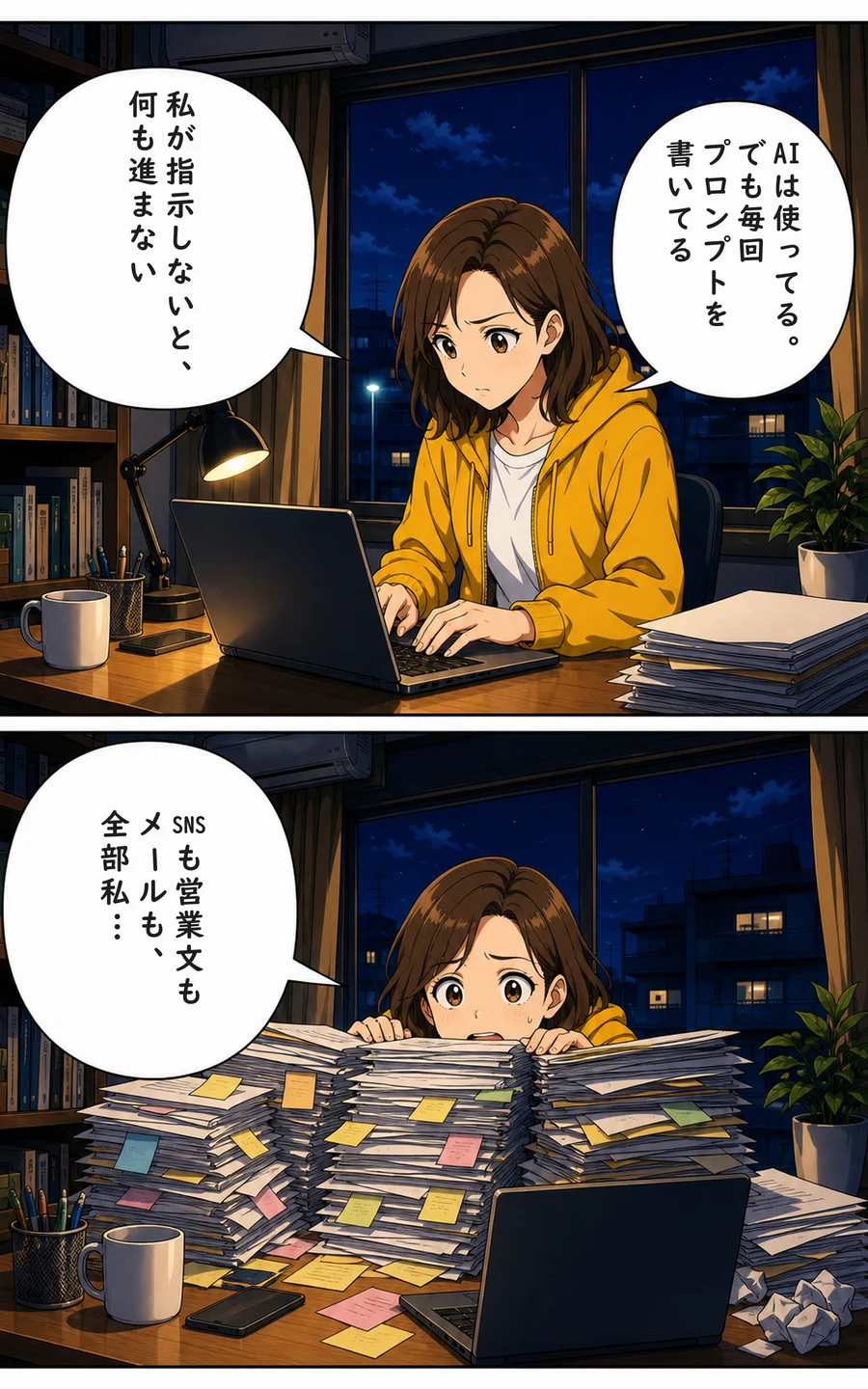 まんが 1ページ目: ユイ「AIは使ってる。でも毎回プロンプトを書いてる」 ユイ「私が指示しないと、何も進まない」 ユイ「SNSも営業文もメールも、全部私…」