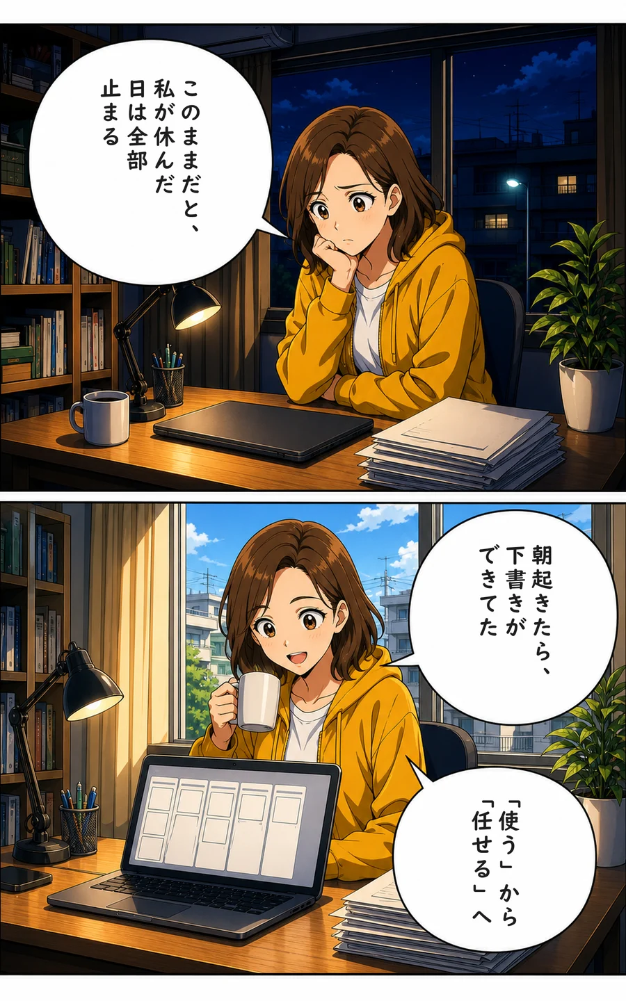 まんが 4ページ目: ユイ「このままだと、私が休んだ日は全部止まる」 ユイ「朝起きたら、下書きができてた」 ユイ「「使う」から「任せる」へ」