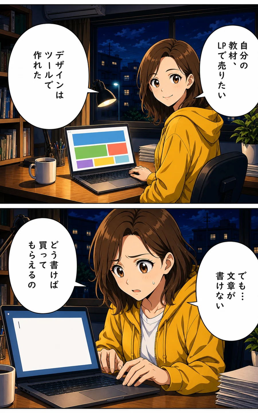 まんが 1ページ目: ユイ「自分の教材、LPで売りたい」 ユイ「デザインはツールで作れた」 ユイ「でも…文章が書けない」 ユイ「どう書けば買ってもらえるの」