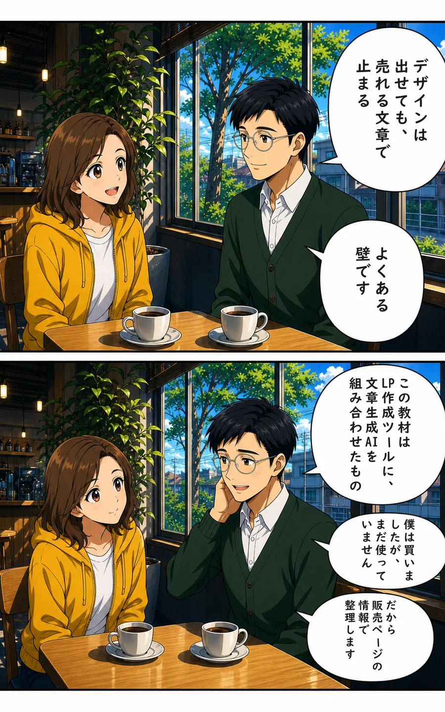 まんが 2ページ目: ナビ「デザインは出せても、売れる文章で止まる」 ナビ「よくある壁です」 ナビ「この教材はLP作成ツールに、文章生成AIを組み合わせたもの」 ナビ「僕は買いましたが、まだ使っていません」 ナビ「だから販売ページの情報で整理します」
