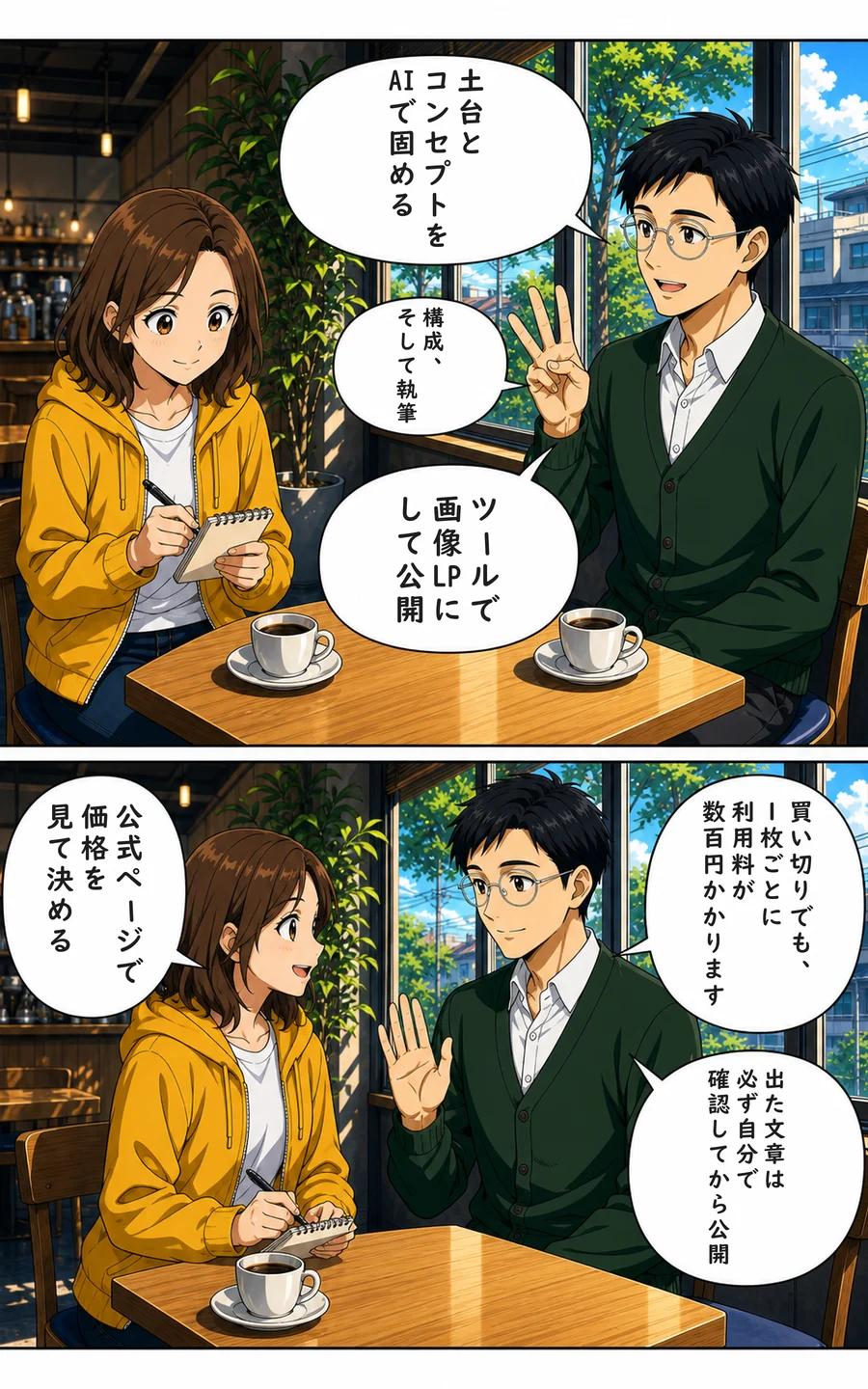 まんが 3ページ目: ナビ「土台とコンセプトをAIで固める」 ナビ「構成、そして執筆」 ナビ「ツールで画像LPにして公開」 ナビ「買い切りでも、1枚ごとに利用料が数百円かかります」 ナビ「出た文章は必ず自分で確認してから公開」 ユイ「公式ページで価格を見て決める」