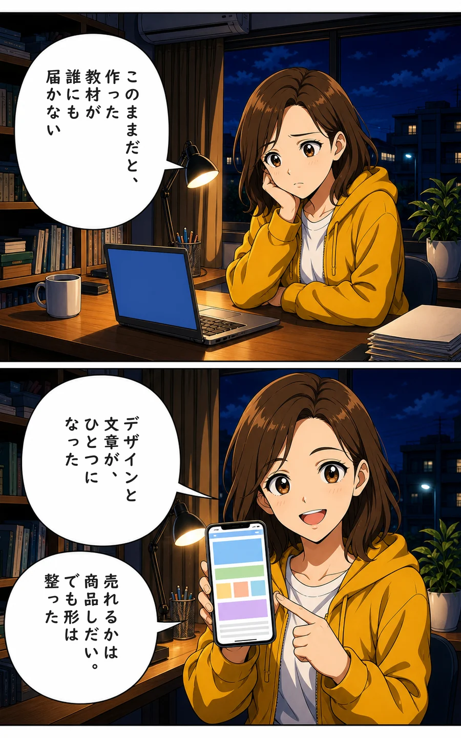 まんが 4ページ目: ユイ「このままだと、作った教材が誰にも届かない」 ユイ「デザインと文章が、ひとつになった」 ユイ「売れるかは商品しだい。でも形は整った」