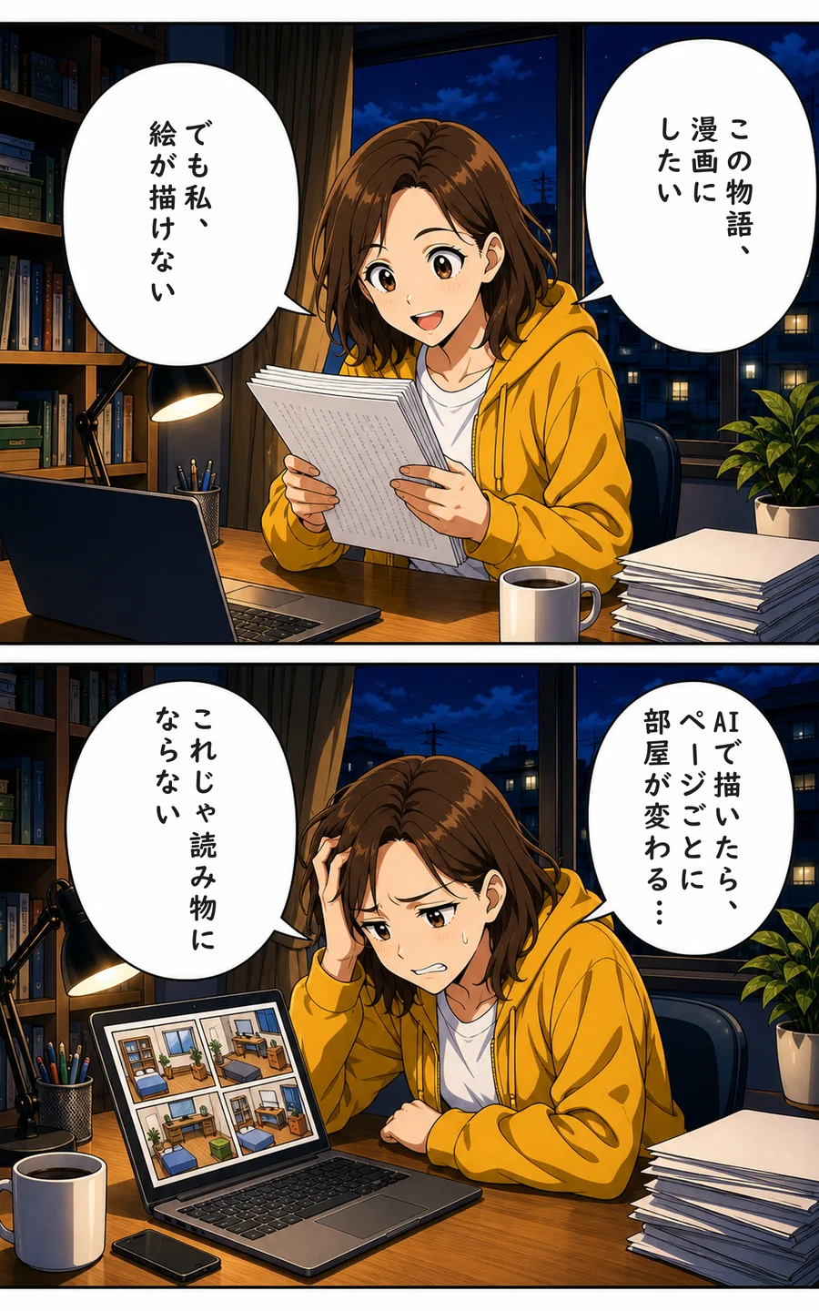 まんが 1ページ目: ユイ「この物語、漫画にしたい」 ユイ「でも私、絵が描けない」 ユイ「AIで描いたら、ページごとに部屋が変わる…」 ユイ「これじゃ読み物にならない」