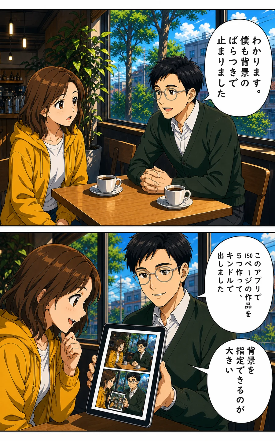 まんが 2ページ目: ナビ「わかります。僕も背景のばらつきで止まりました」 ナビ「このアプリで150ページの作品を5つ作って、キンドルで出しました」 ナビ「背景を指定できるのが大きい」