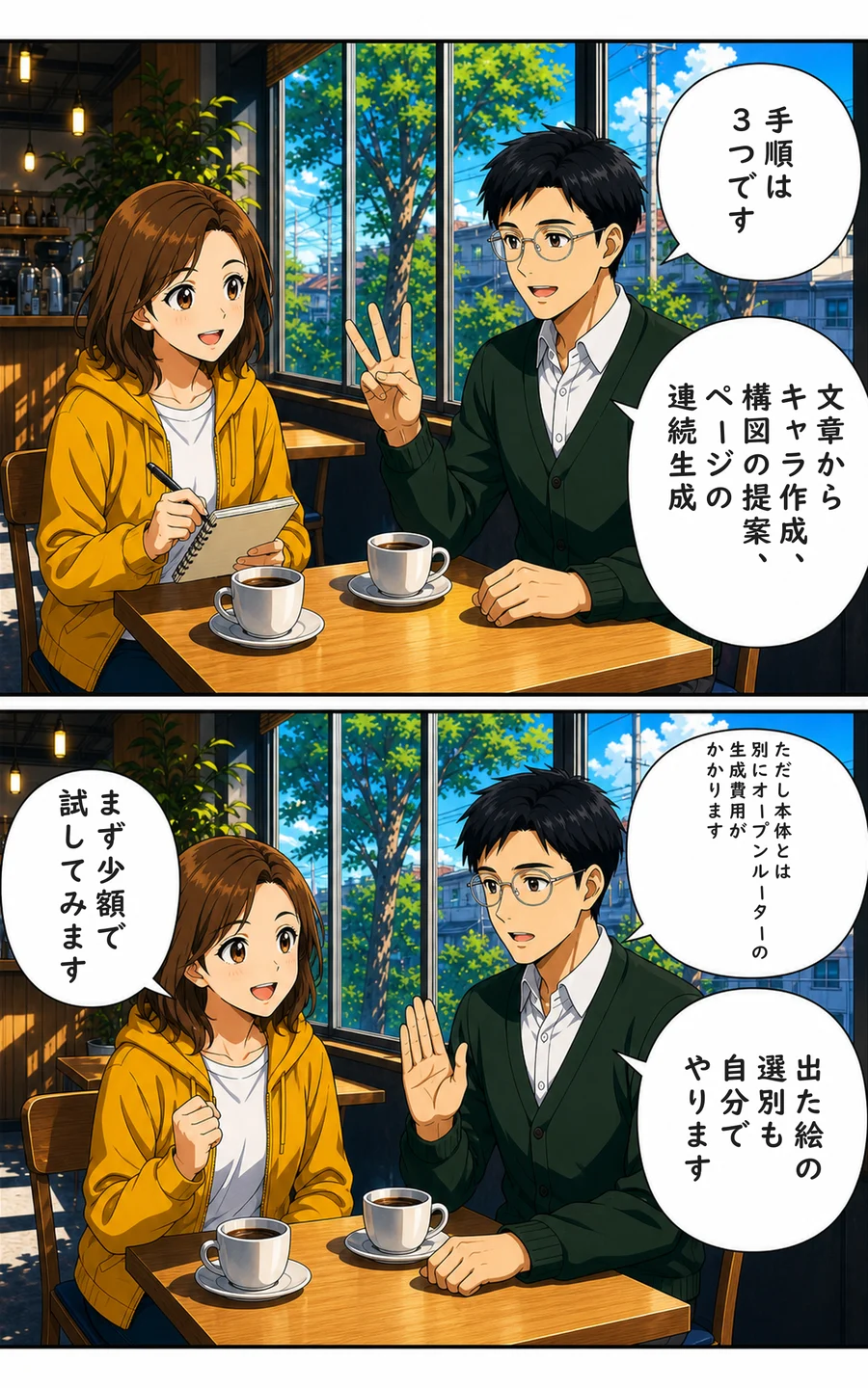 まんが 3ページ目: ナビ「手順は3つです」 ナビ「文章からキャラ作成、構図の提案、ページの連続生成」 ナビ「ただし本体とは別にオープンルーターの生成費用がかかります」 ナビ「出た絵の選別も自分でやります」 ユイ「まず少額で試してみます」