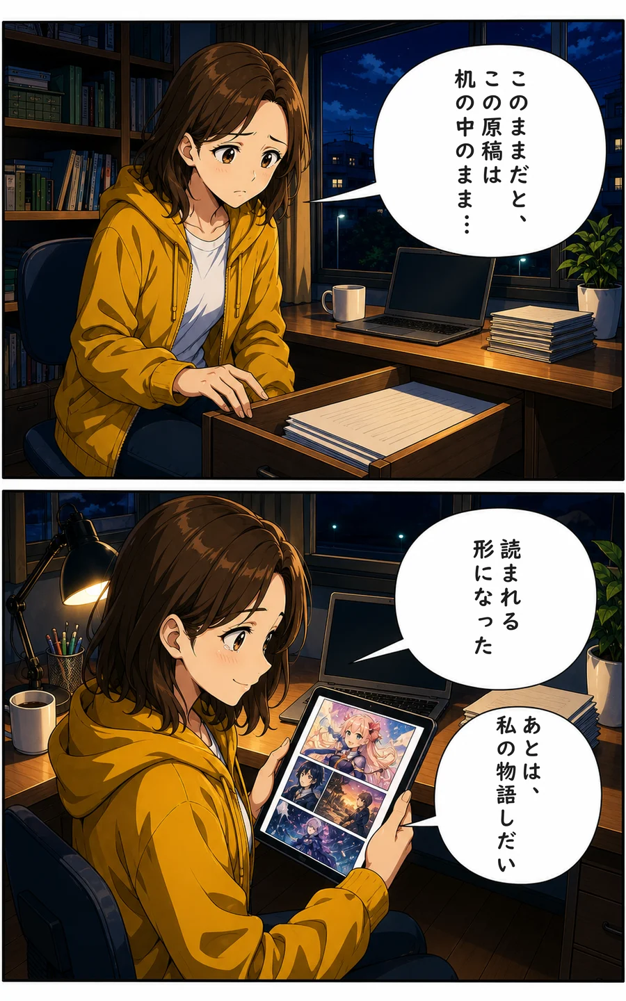 まんが 4ページ目: ユイ「このままだと、この原稿は机の中のまま…」 ユイ「読まれる形になった」 ユイ「あとは、私の物語しだい」