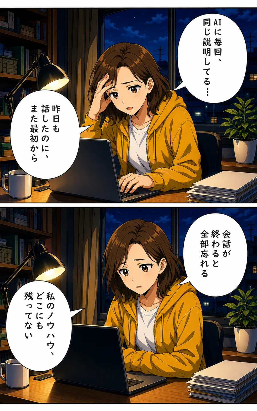 まんが 1ページ目: ユイ「AIに毎回、同じ説明してる…」 ユイ「昨日も話したのに、また最初から」 ユイ「会話が終わると全部忘れる」 ユイ「私のノウハウ、どこにも残ってない」