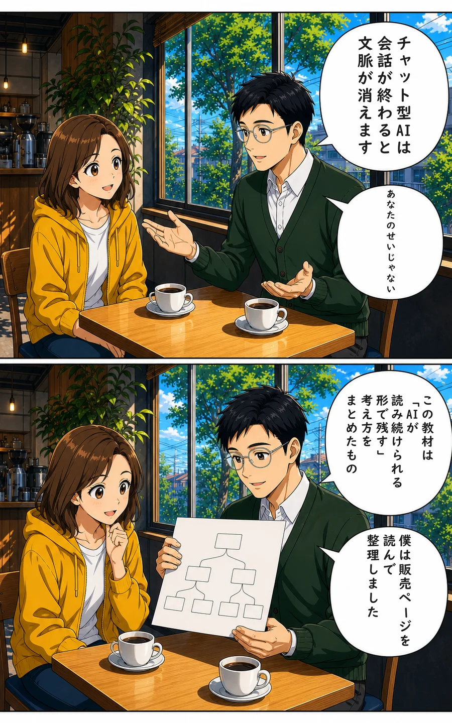 まんが 2ページ目: ナビ「チャット型AIは会話が終わると文脈が消えます」 ナビ「あなたのせいじゃない」 ナビ「この教材は「AIが読み続けられる形で残す」考え方をまとめたもの」 ナビ「僕は販売ページを読んで整理しました」