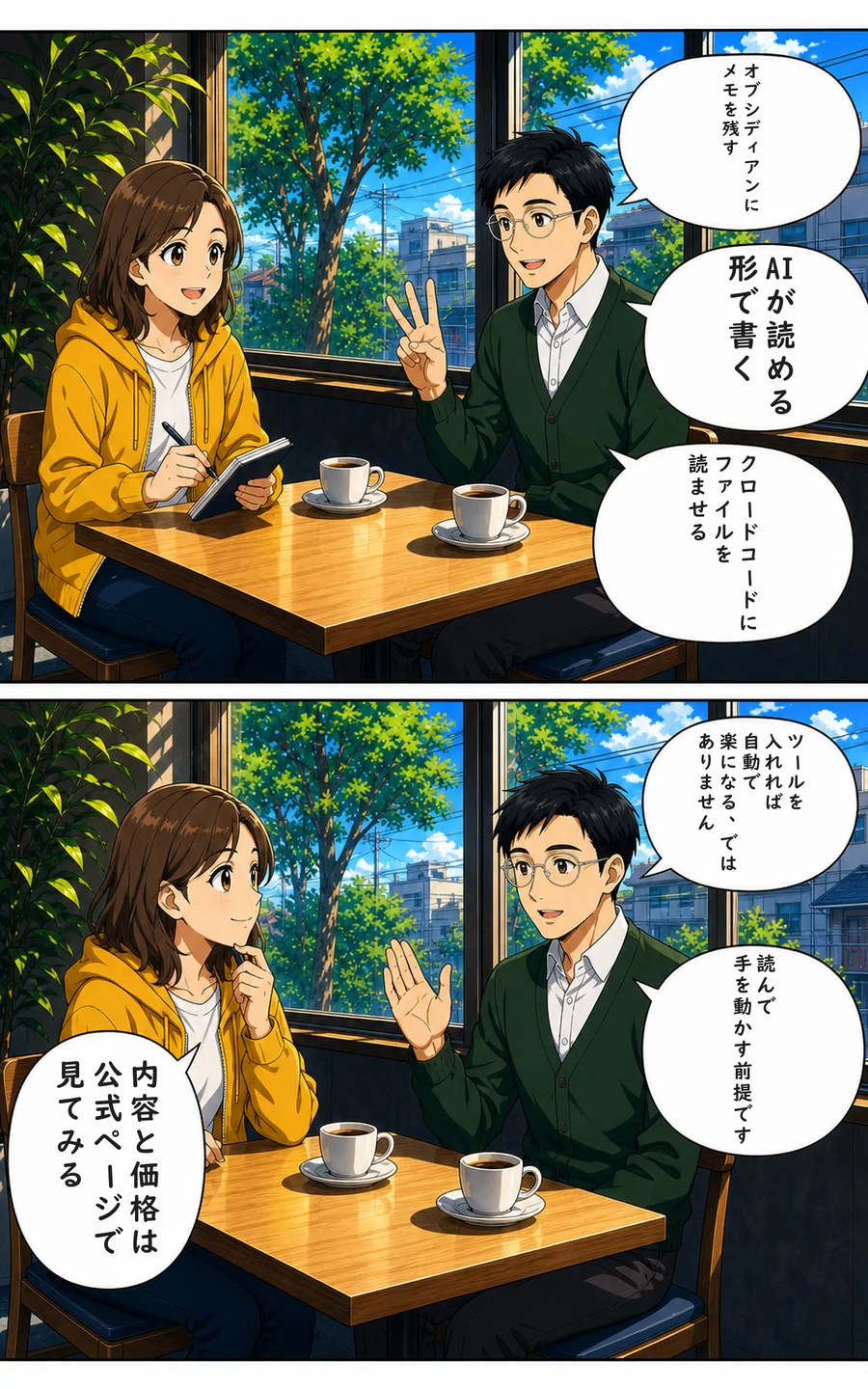 まんが 3ページ目: ナビ「オブシディアンにメモを残す」 ナビ「AIが読める形で書く」 ナビ「クロードコードにファイルを読ませる」 ナビ「ツールを入れれば自動で楽になる、ではありません」 ナビ「読んで手を動かす前提です」 ユイ「内容と価格は公式ページで見てみる」